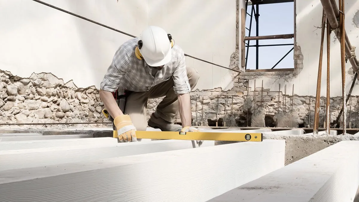 A man in white hard hat using a level.